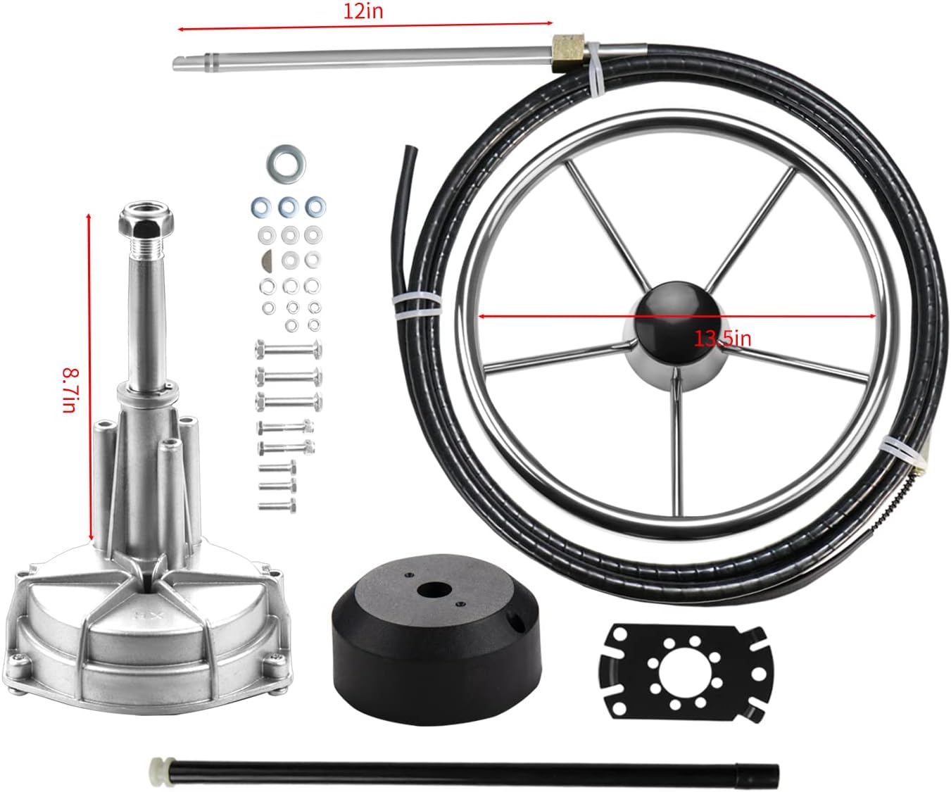 R RUR Sistema de dirección de barco, kit de dirección giratoria fuera de borda con cable de dirección de barco de 16 pies y volante de acero