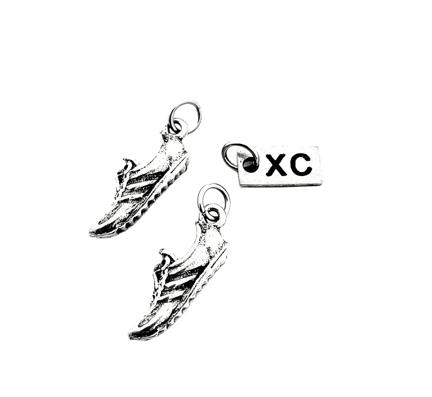 Pewter Running SHOE XC Charm Set – Pair of Running Shoe Charms – 2 Pewter Running Shoe Charms and 1 Pewter XC Charm in Organza Bag – All Pewter XC