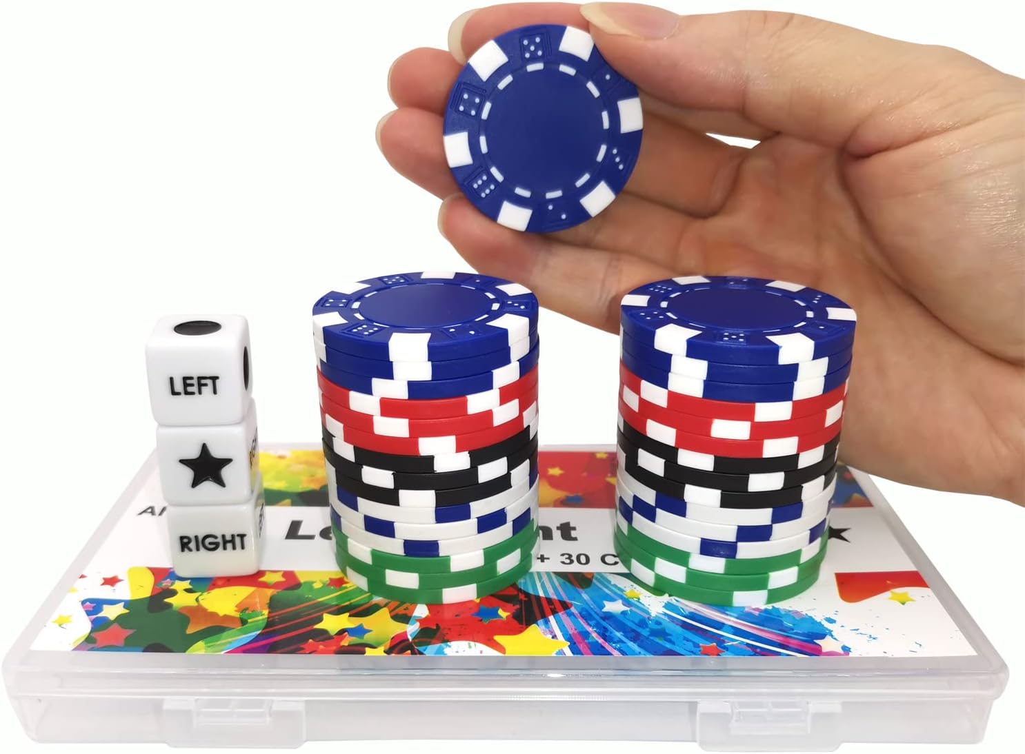 Juego de dados de centro izquierdo y derecho con 3 dados + 30 fichas de póquer profesional, fichas de casino de 0.41 oz (5 colores mezclados)