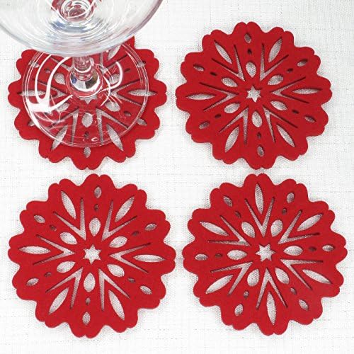 Posavasos de fieltro con copos de nieve florales, juego de 4 (rojo)