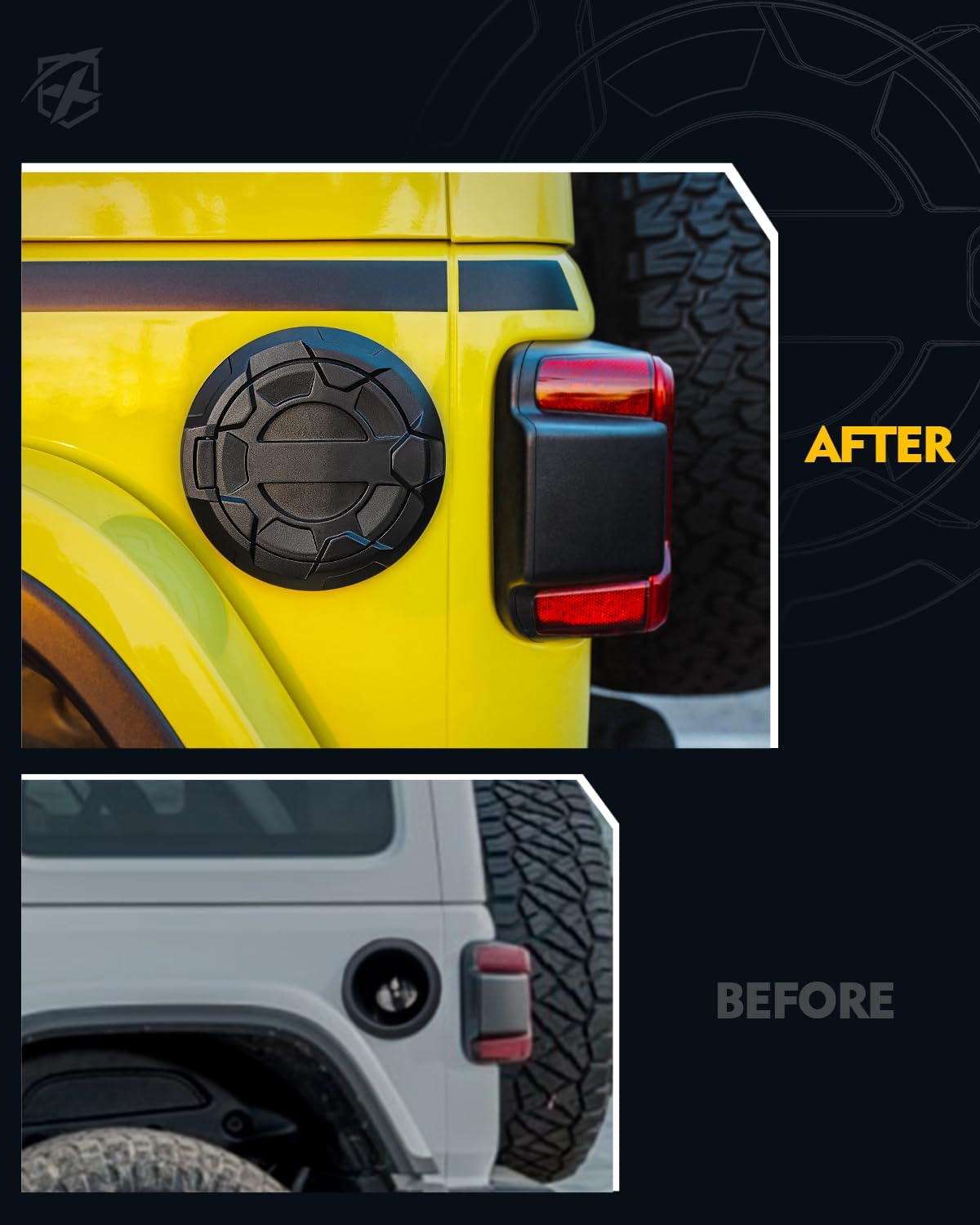 Xprite Cubierta de tapa de tanque de gasolina compatible con Jeep Wrangler 2018-2023 JL y JLU de 2 y 4 puertas ilimitadas, patrón de rueda