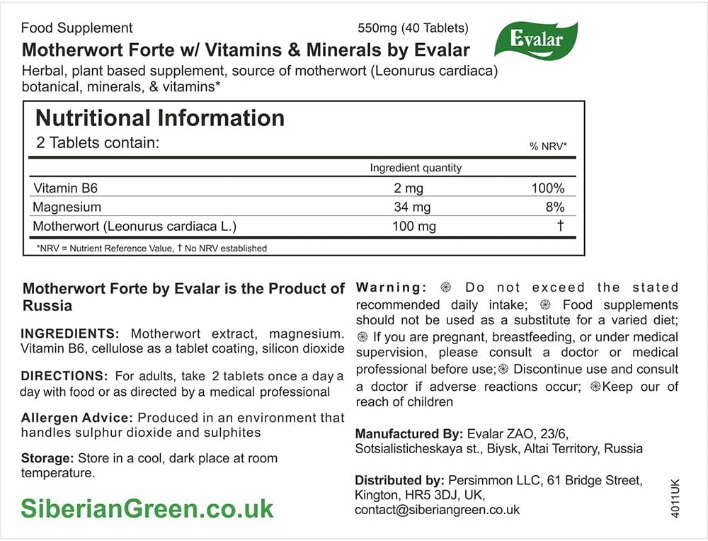 Motherwort Forte de Evalar Siberian Herbs 40 pestañas