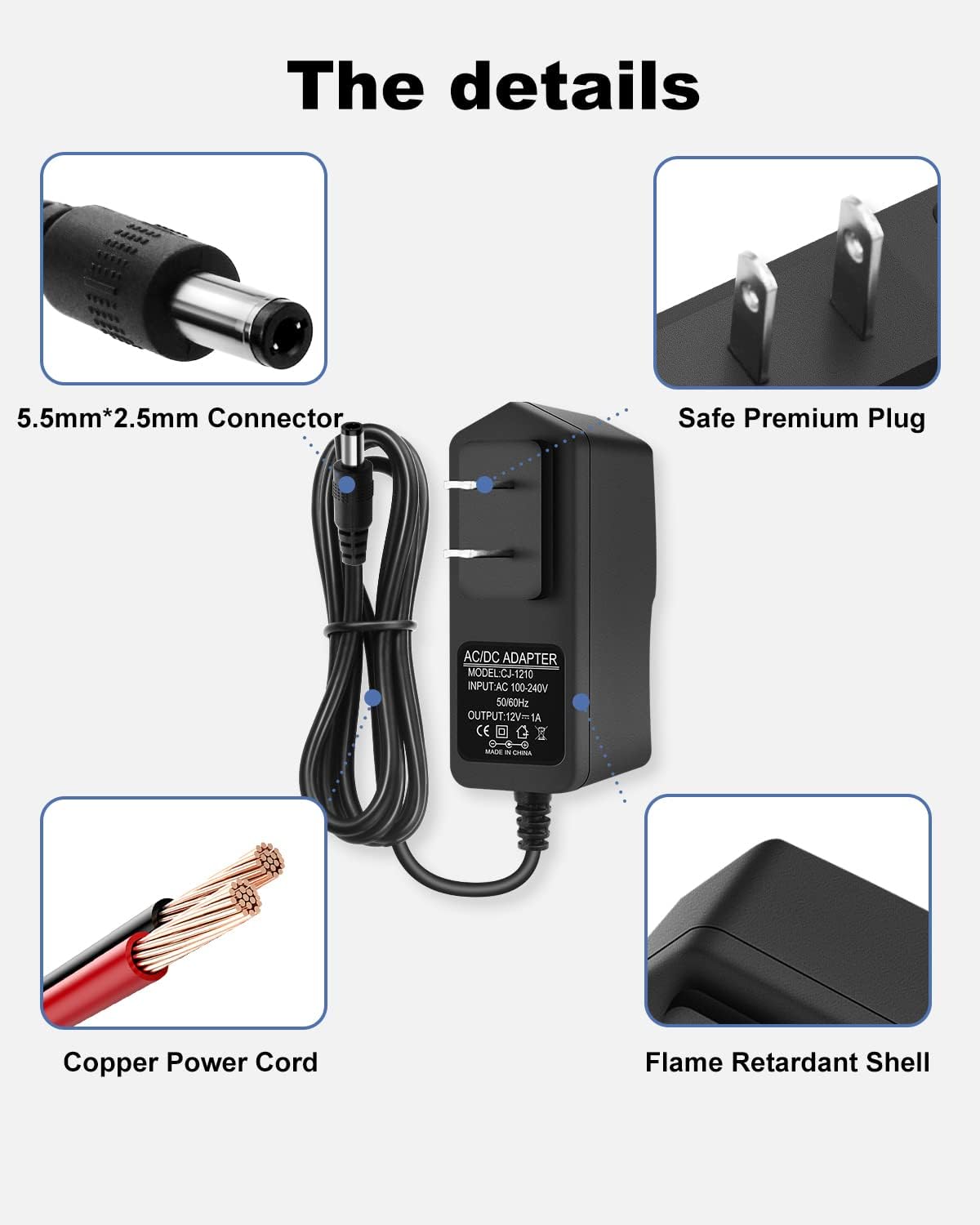 Adaptador de fuente de alimentación DC 12V 1A Adaptador de 12 W ACDC 100-240V 50-60Hz Adaptador de alimentación de CA a CC Transformador de 12 V 1 A