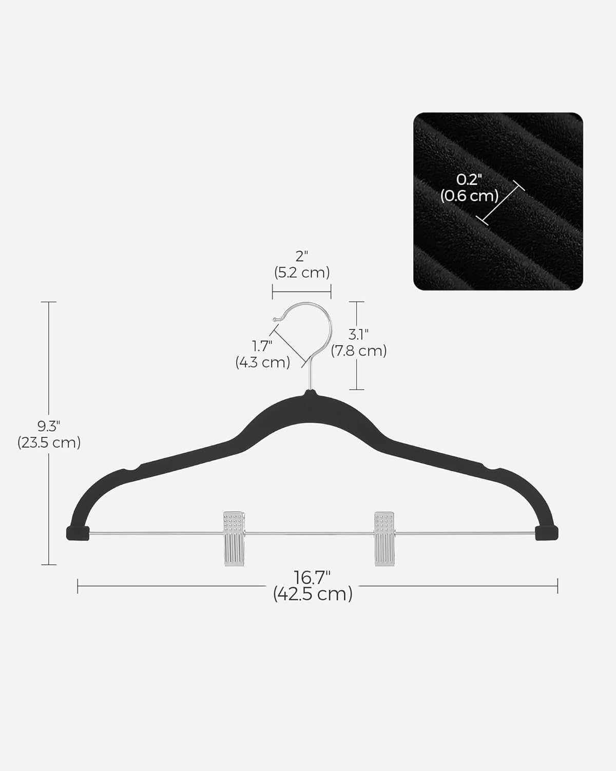 SONGMICS Paquete de 20 perchas para pantalones, perchas de terciopelo de 16.7 pulgadas de largo con clips ajustables, resistentes, antideslizantes,