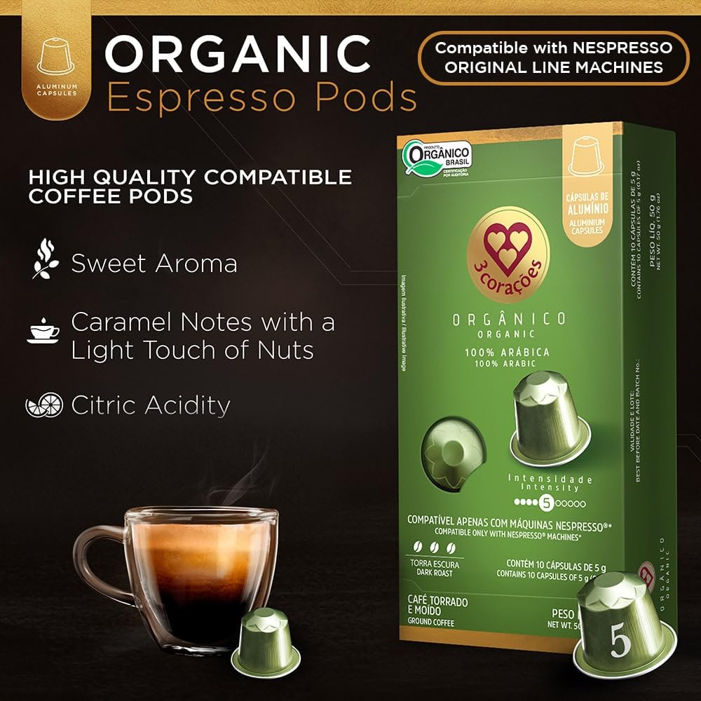 3 cápsulas de café expreso orgánico Coracoes  100 cápsulas de café brasileño auténticas para máquina Nespresso Original Line  Intensidad 5  Cápsulas