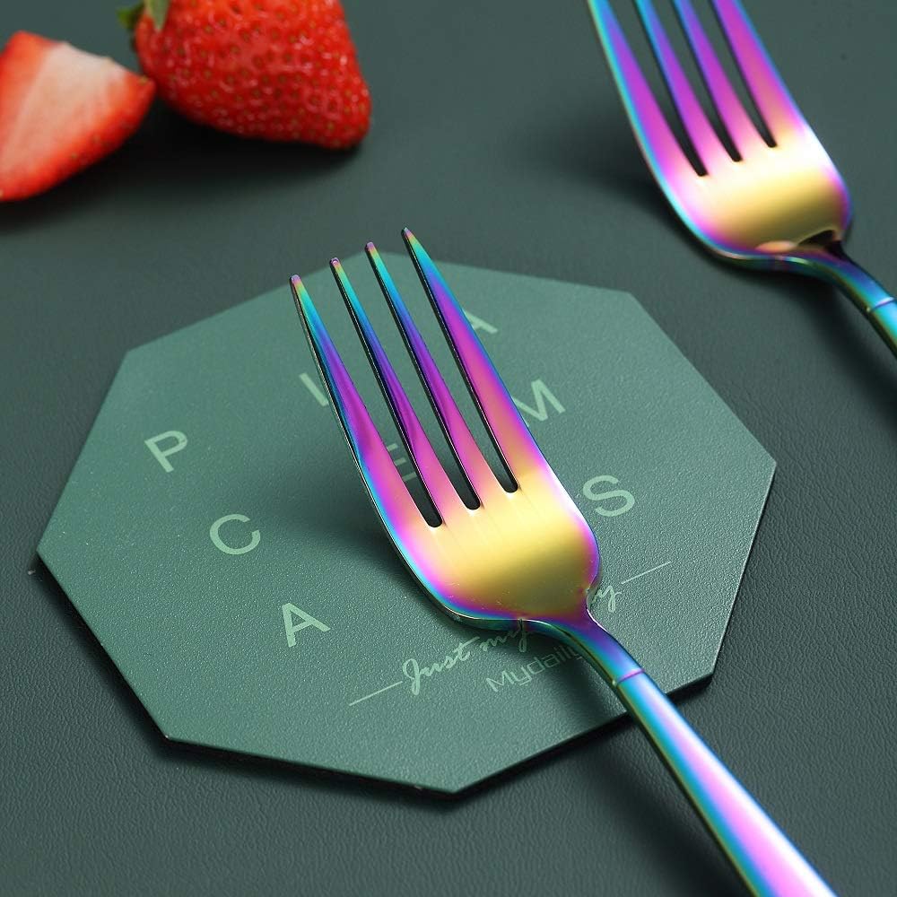 HOMQUEN – Juego de 4 tenedores de cena Rainbow de acero inoxidable resistente de 7.8 pulgadas, diseño moderno, tenedor de mesa chapado de titanio,
