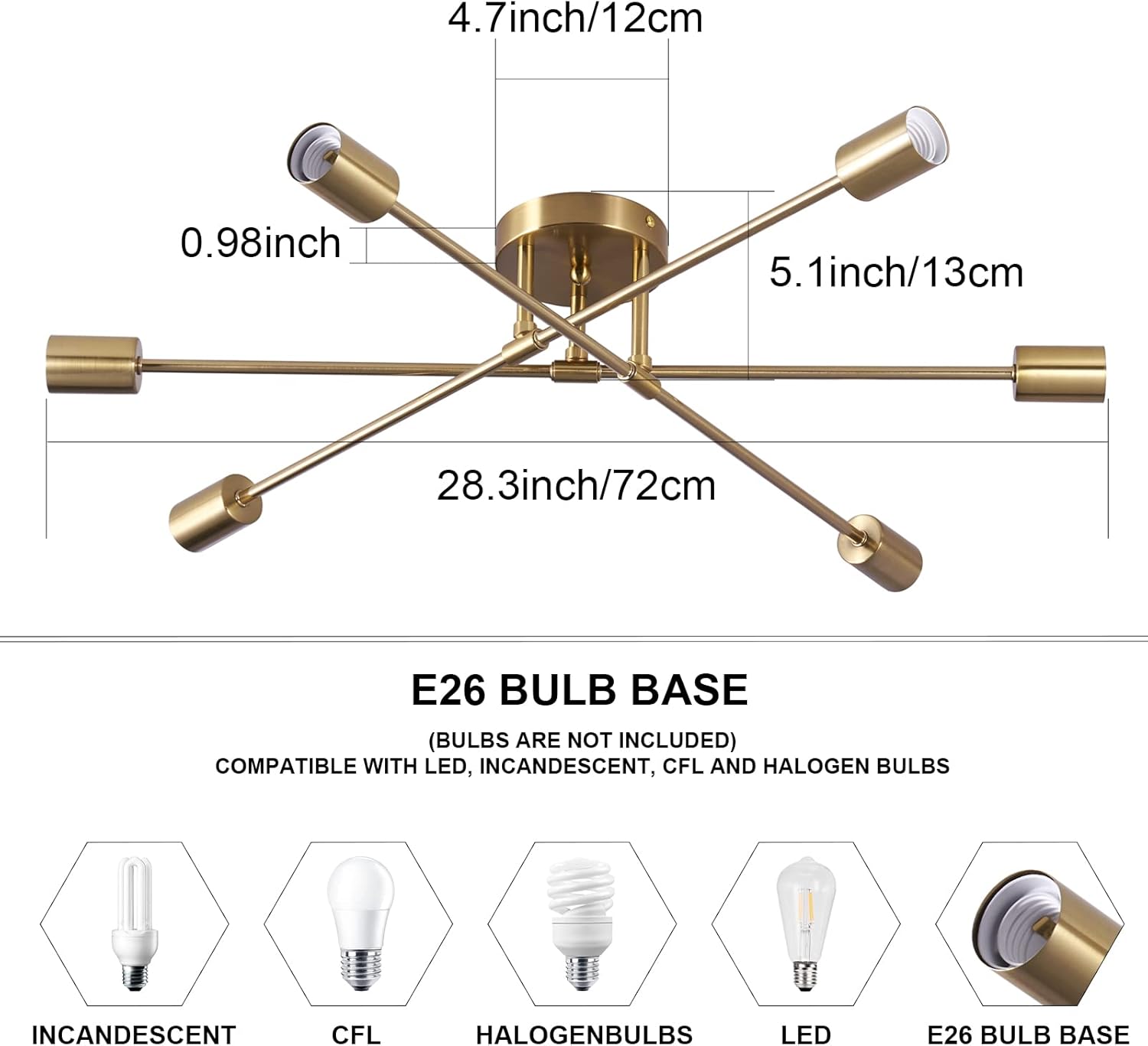 BrkNit Lámpara de techo semiempotrada, 6 lámparas Sputnik modernas de latón con base E26, lámparas industriales vintage de mediados de siglo para