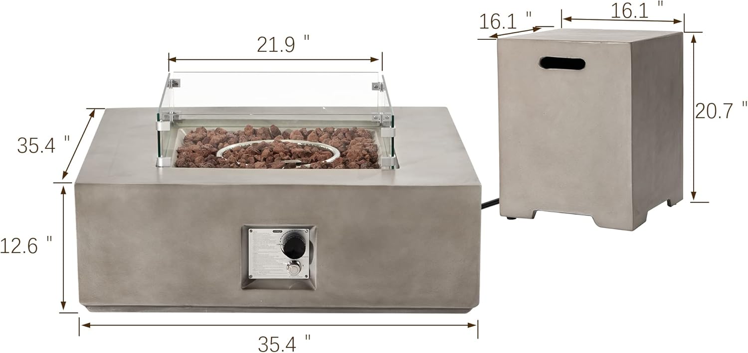 SUNBURY Fogata de propano para exteriores, mesa cuadrada de fuego para patio, 50,000 BTU para exteriores en gris con cubierta de tanque de 20
