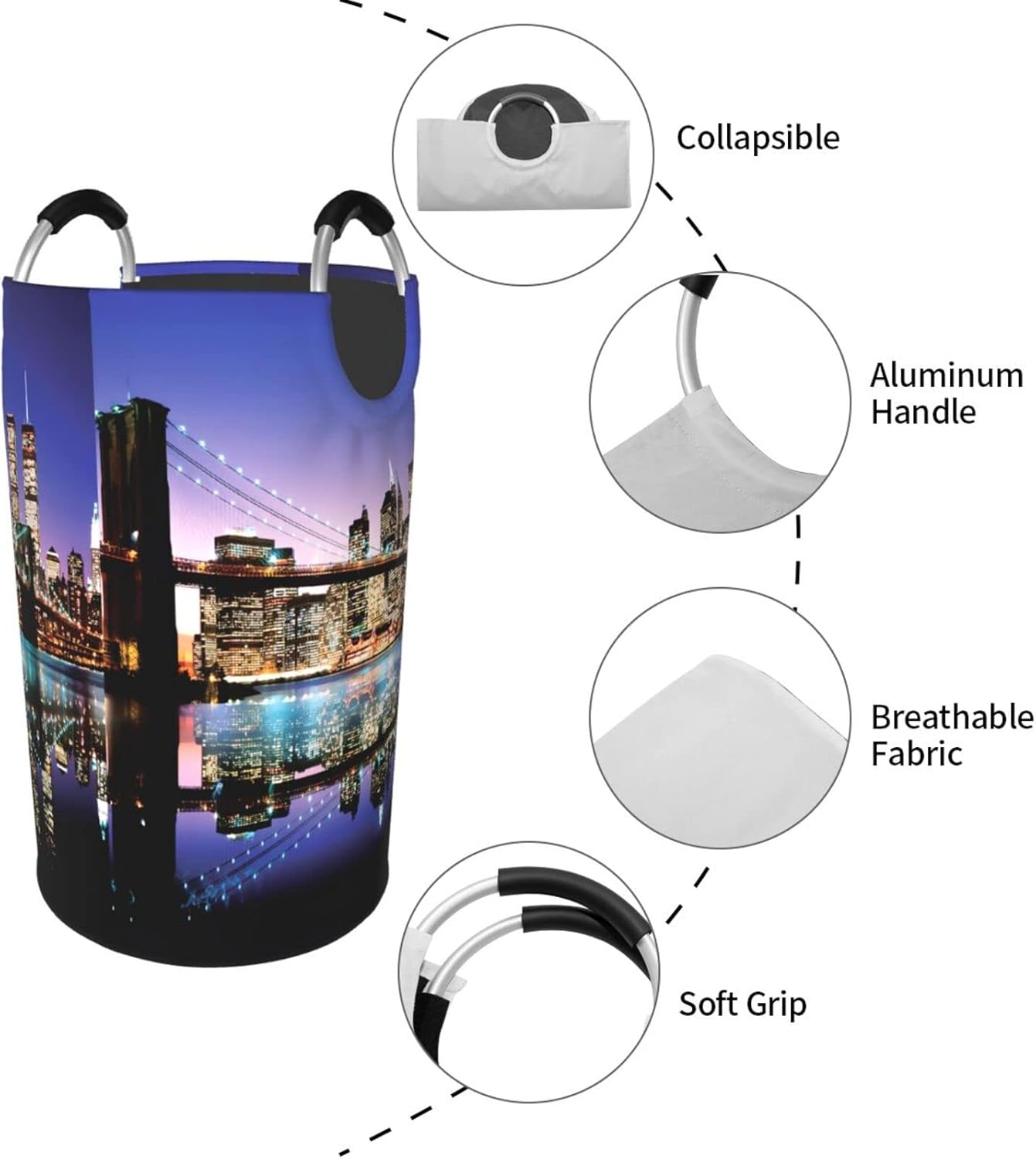 Cesta de lavandería con asas, plegable, duradera, para almacenamiento de ropa sucia, organizador de lavandería, New York Manhattan Night Brooklyn