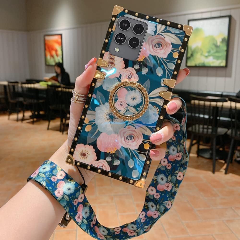 Para T-Mobile REVVL 6 pro 5G Caso Más Nuevo Retro Azul Ray Rose Flower Glitter Skin Design TPU+PU Cuero Oro Cuadrado Esquina Volver Caso Con Soporte