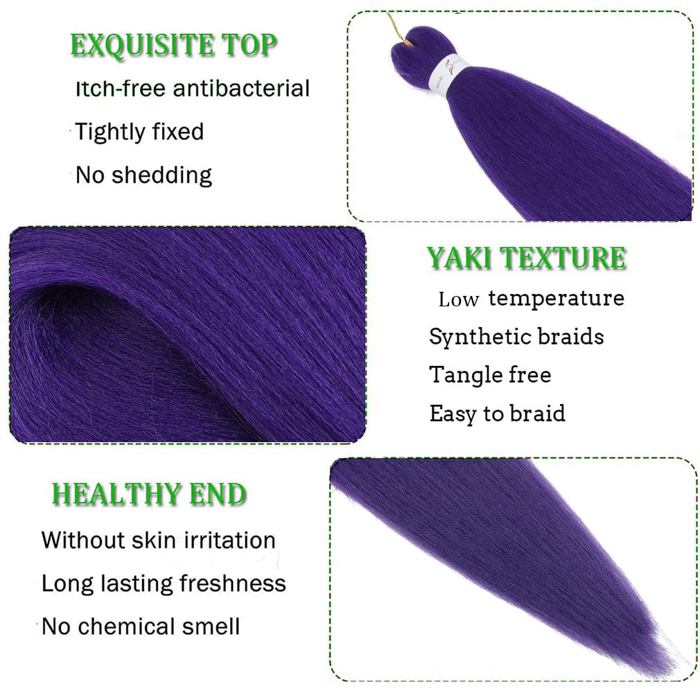 Extensiones de cabello trenzado preestirado morado de 26 pulgadas, paquete de 3 paquetes de extensiones de cabello sintético Yaki texturizado de