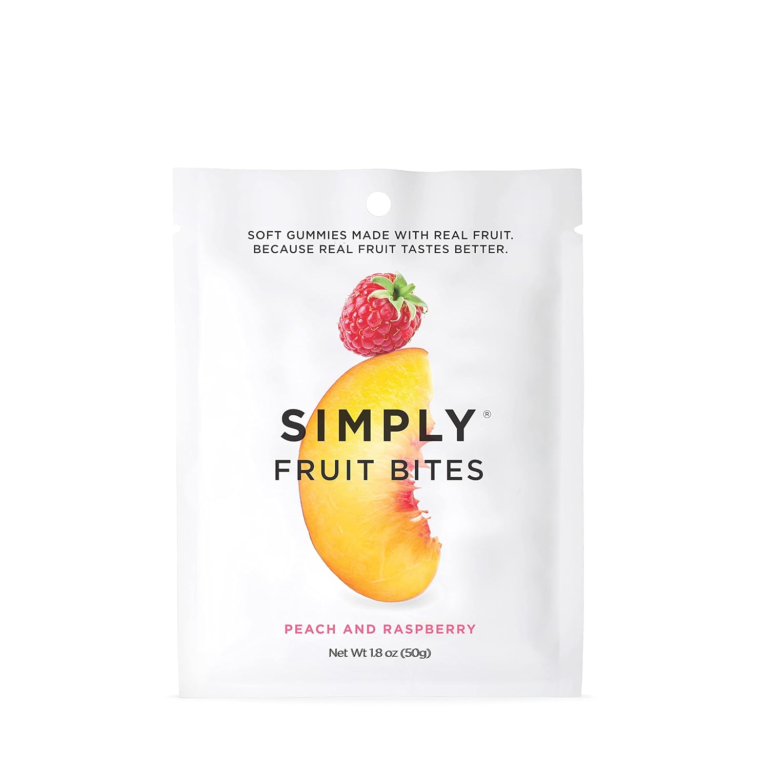 Simply Fruit Gummies  Hechas con fruta real, melocotón y frambuesa, 1.8 onzas (paquete de 8), sin azúcar de caña + sin gluten + Kosher