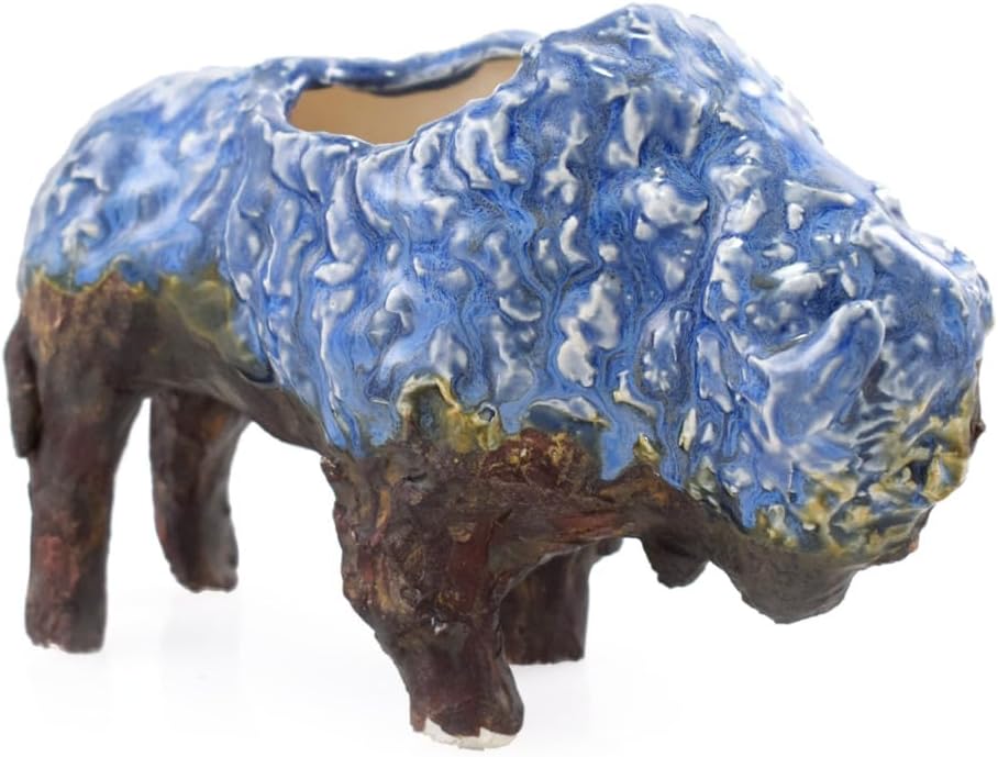 Maceta pequeña para suculentas de bisonte de cerámica, 4.75 pulgadas de alto, maceta rústica de cerámica (azul)