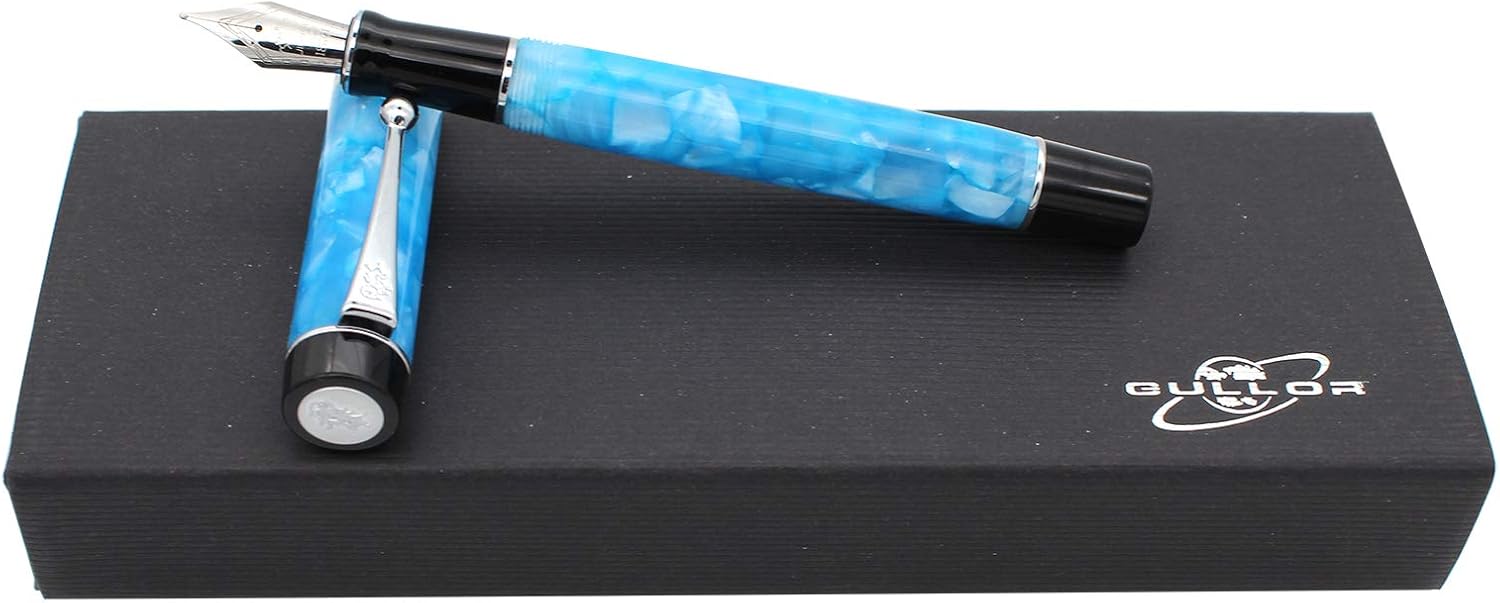 Gullor Pluma estilográfica de celuloide, punta mediana con convertidor, tapa de rosca, color azul