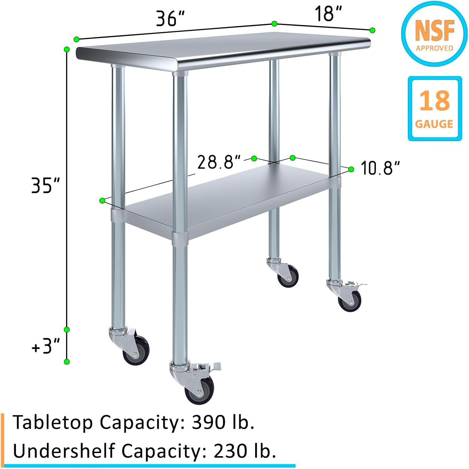 Mesa de trabajo comercial de acero inoxidable con estante inferior y ruedas (18×36)