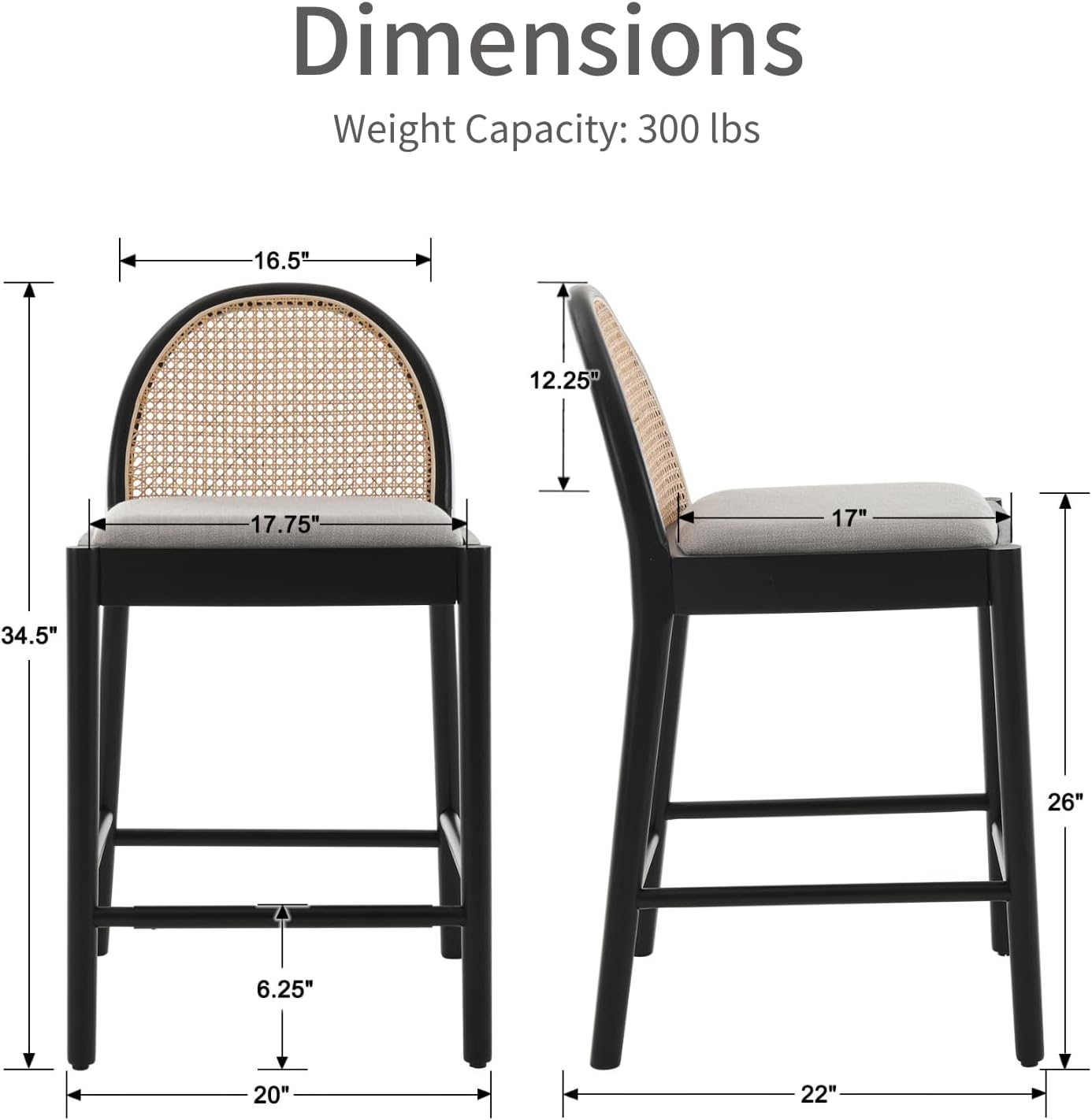 HEAH-YO Juego de 2 taburetes de ratán de 26 pulgadas de altura de mostrador con respaldos de ratán y patas de madera, taburete de cocina tapizado de
