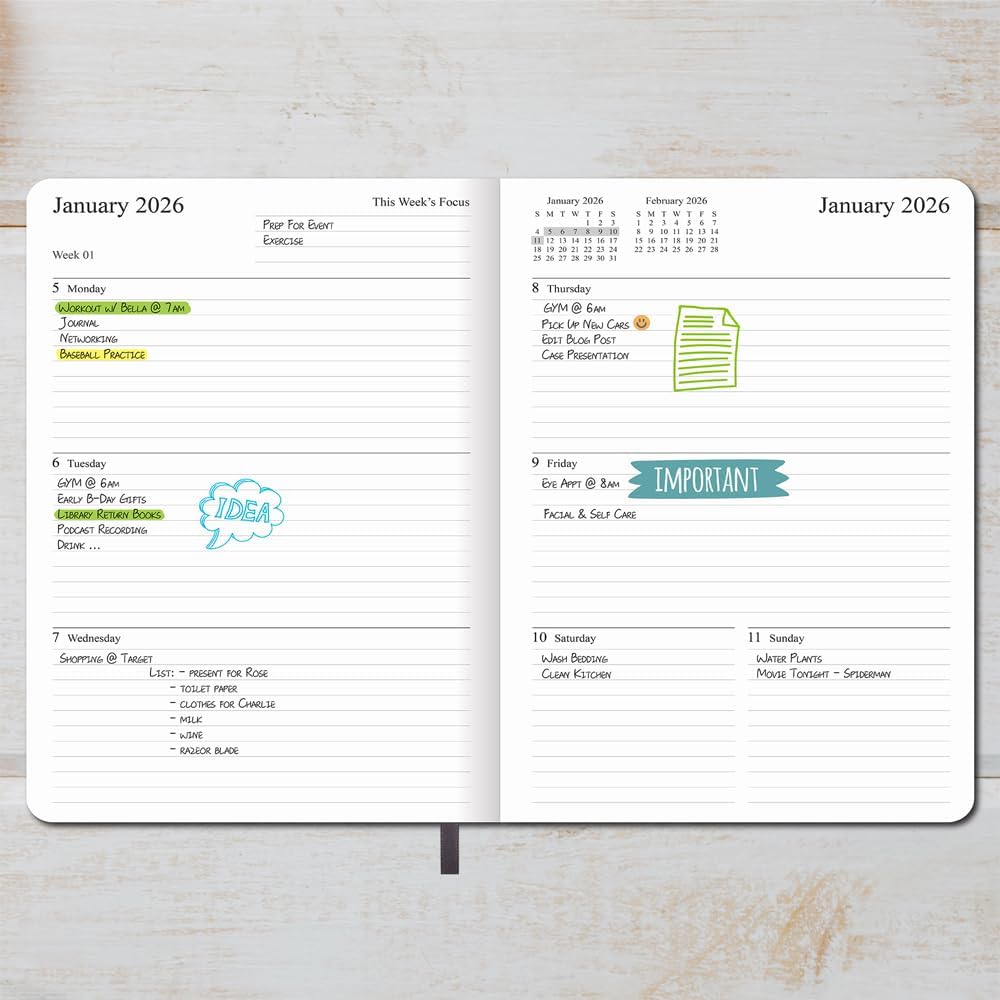 Agenda 2025-2026  Agenda semanal y mensual, octubre 2025 a diciembre 2026, cubierta de cuero vegano, cierre elástico, 7 x 9.25 pulgadas, gris