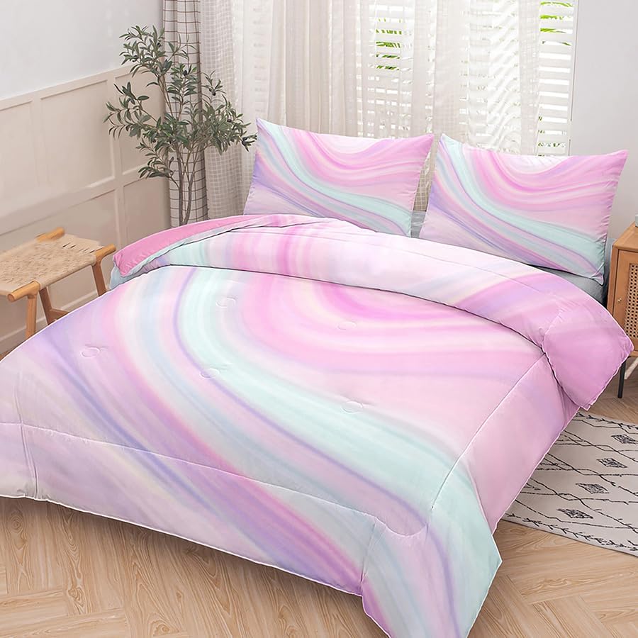 Tailor Shop Edredón para niños, tamaño Queen, ropa de cama de teñido anudado rosa para niñas, edredón rosa, ropa de cama azul y morado, ropa de cama
