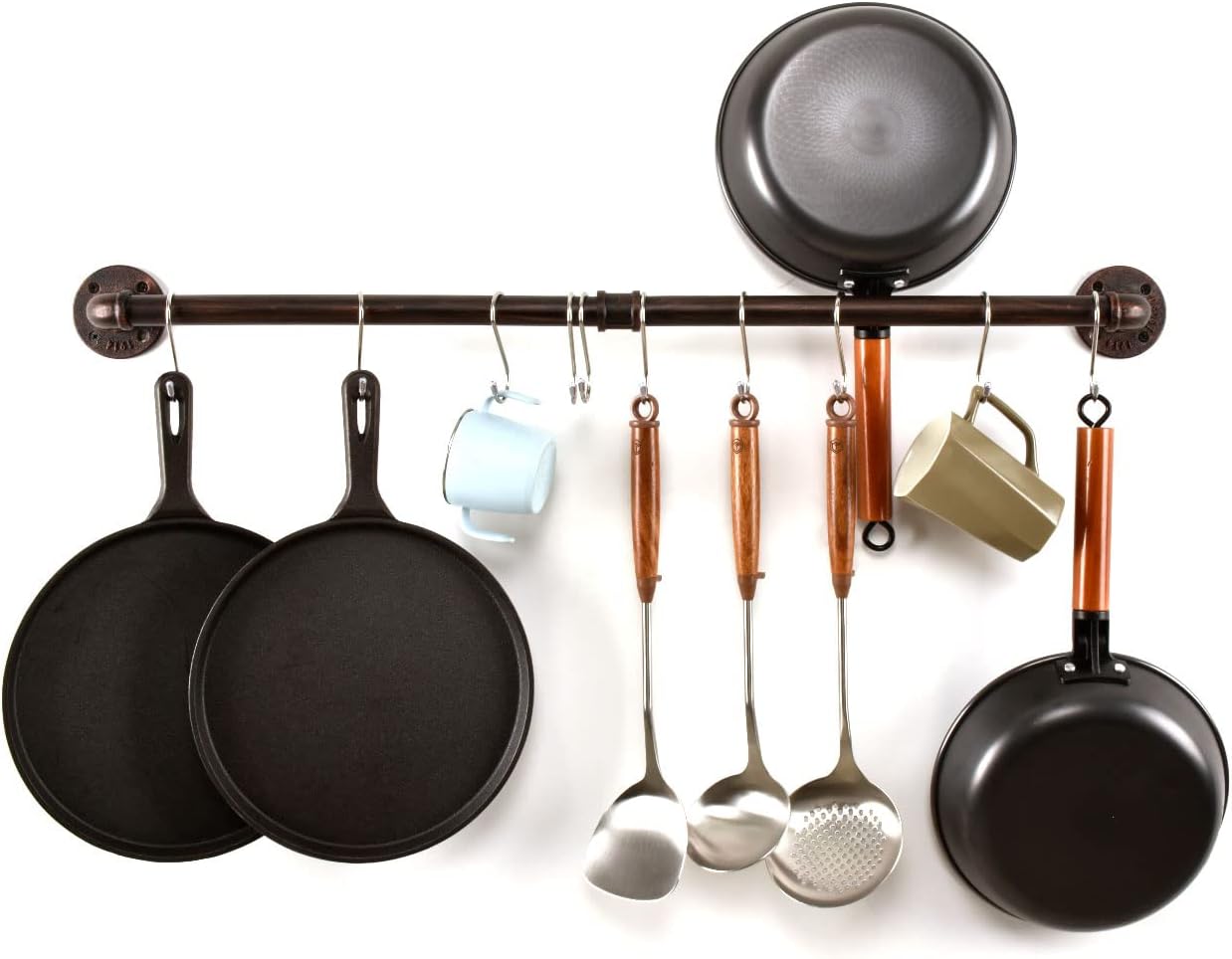 Estante para ollas de tubería, soporte industrial para tapa de utensilios de cocina, organizador de cocina, barra colgante con ganchos en S (36