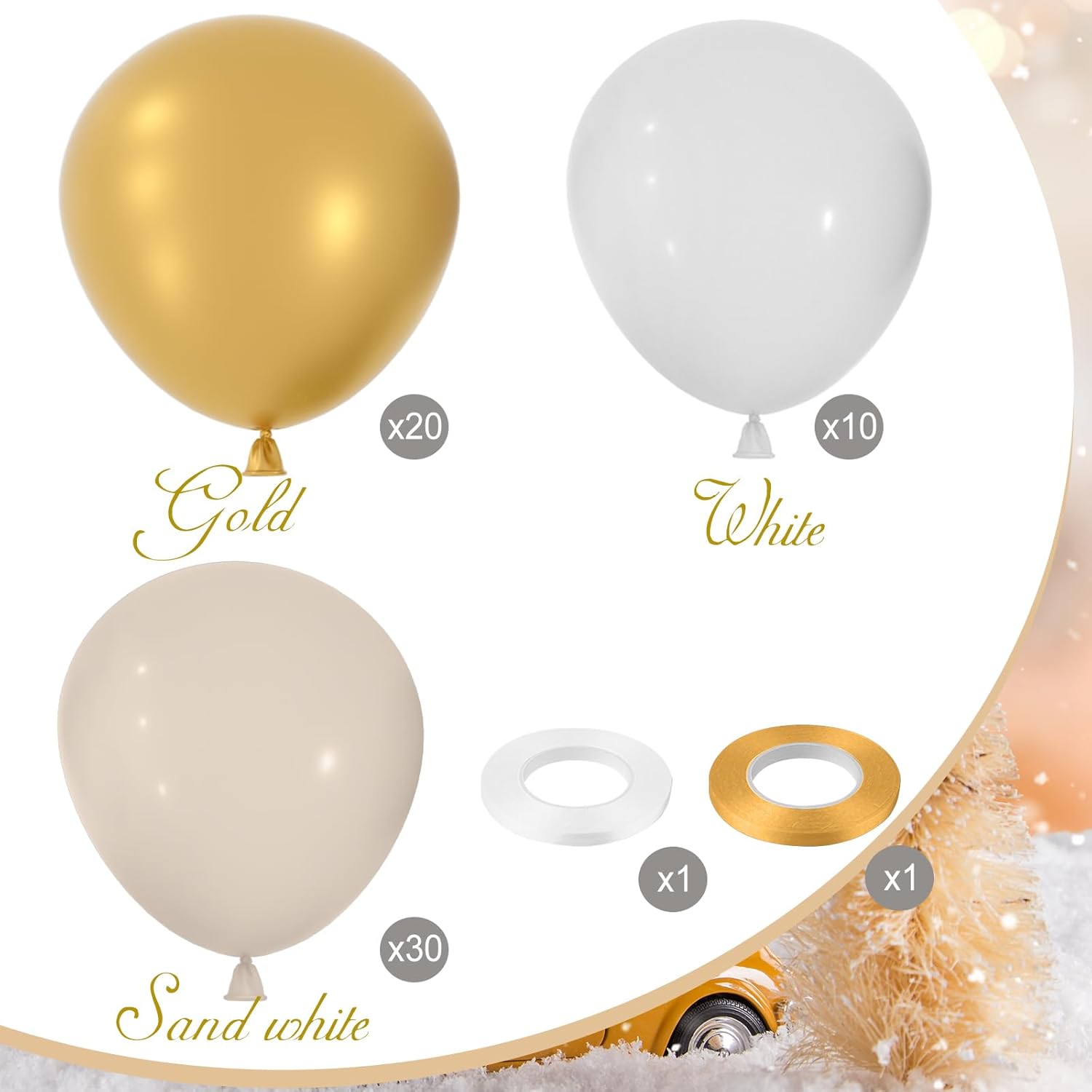 NEBURORA Kit de arco de guirnalda de globos de oro arena blanca, 60 piezas de 12 pulgadas, color blanco arena y dorado metálico para cumpleaños,