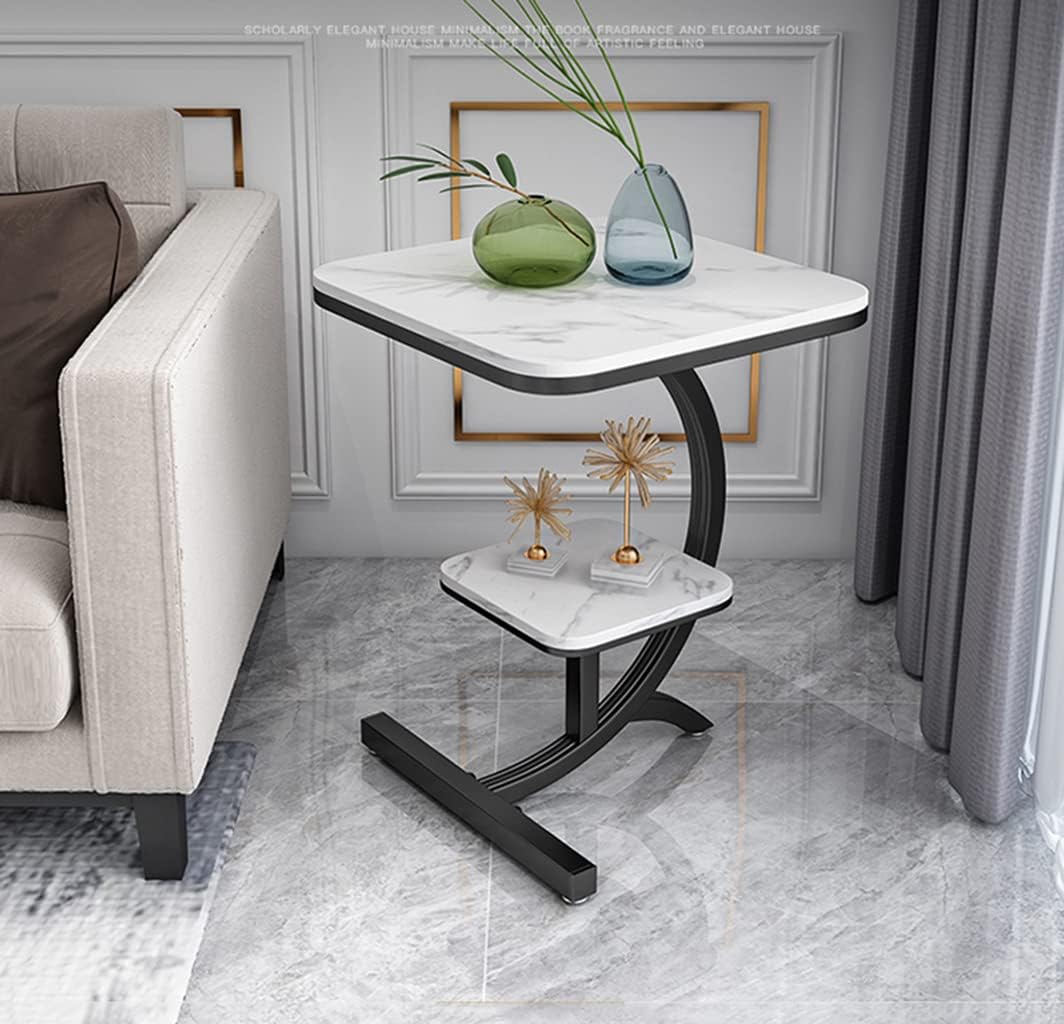 Mesa auxiliar de sofá de mármol de lujo de 2 niveles para sala de estar, sofá, mesa auxiliar, mesita de noche (blanco + negro)