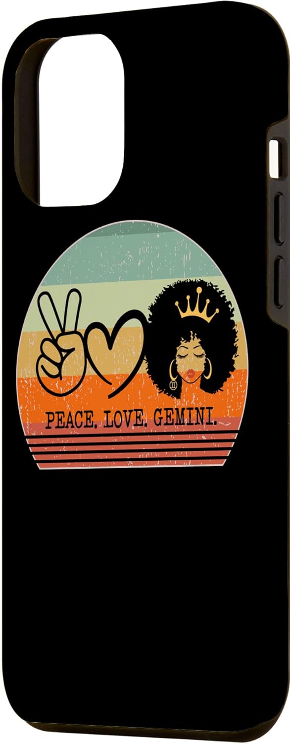 iPhone 13 Pro Max Peace Love Gemini Queen Zodiac Afro Hair Crown Funda de cumpleaños