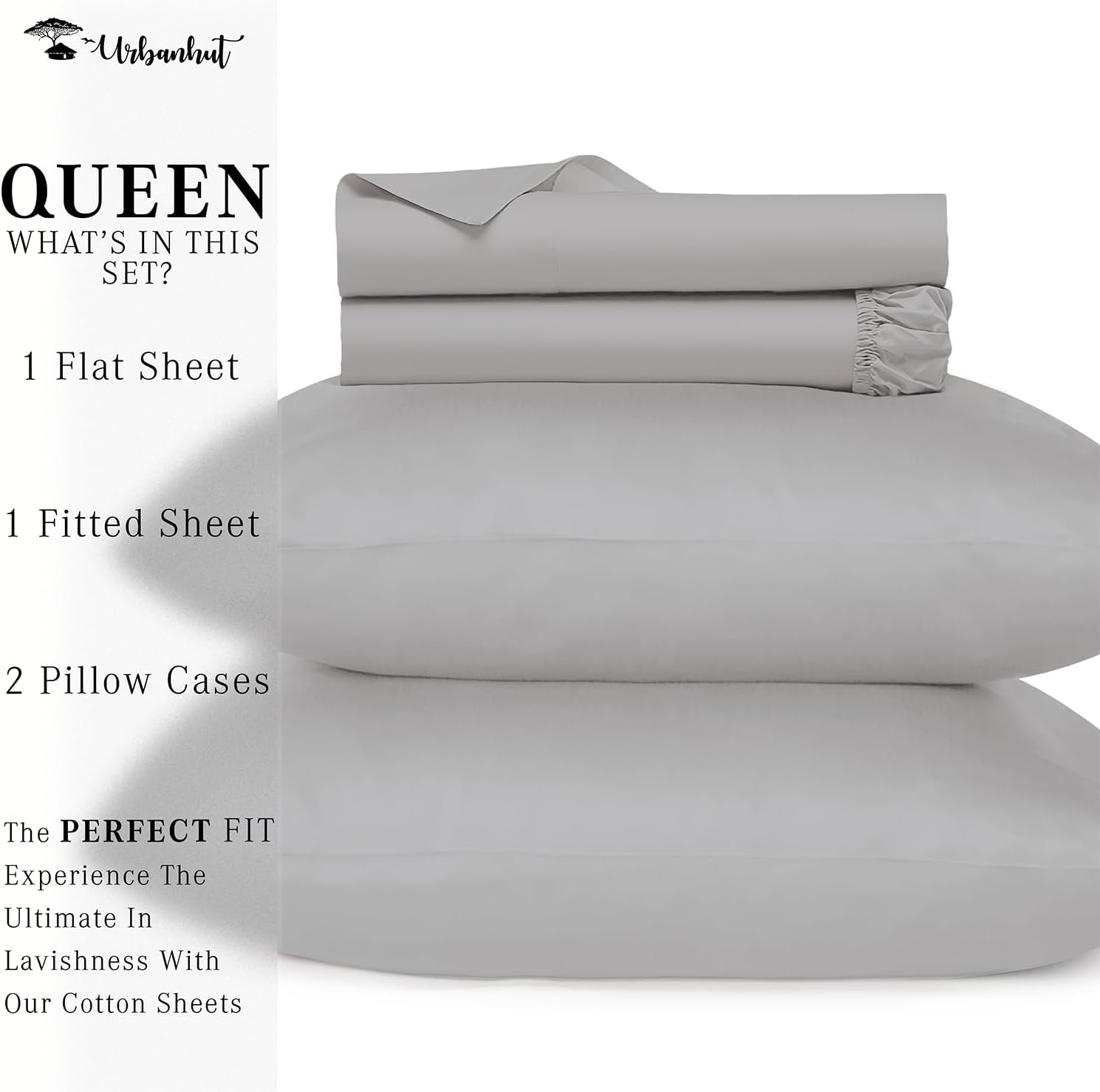 URBANHUT Sábanas de algodón egipcio tamaño Queen, sábanas de lujo de tejido satinado para cama tamaño Queen, juego de sábanas de 4 piezas, sábanas