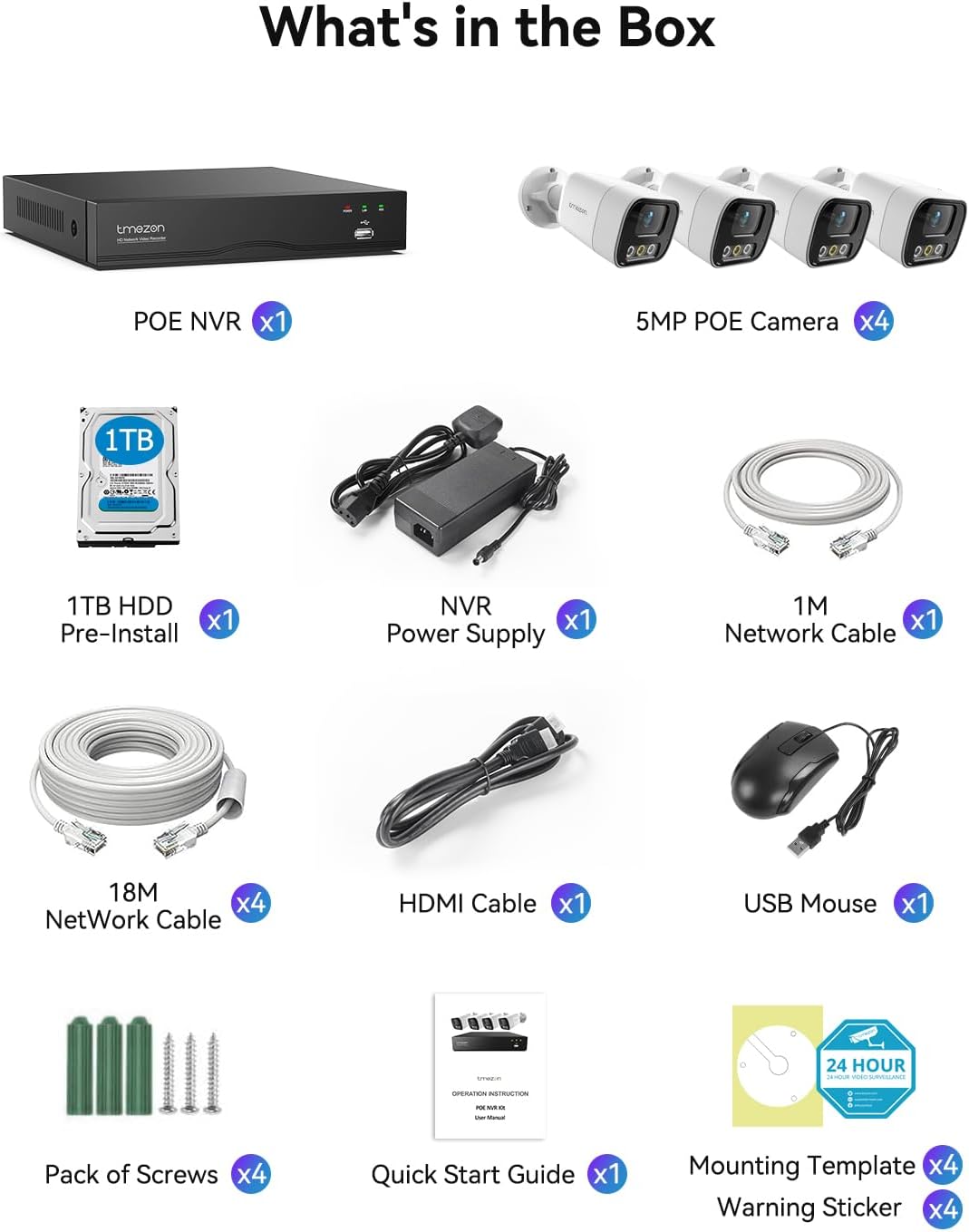 TMEZON Sistema de cámara de seguridad POE 4K 16CH NVR-H.265 4 unids 5MP PoE Home IP Network Cámaras de seguridad con cable con persona Detección de