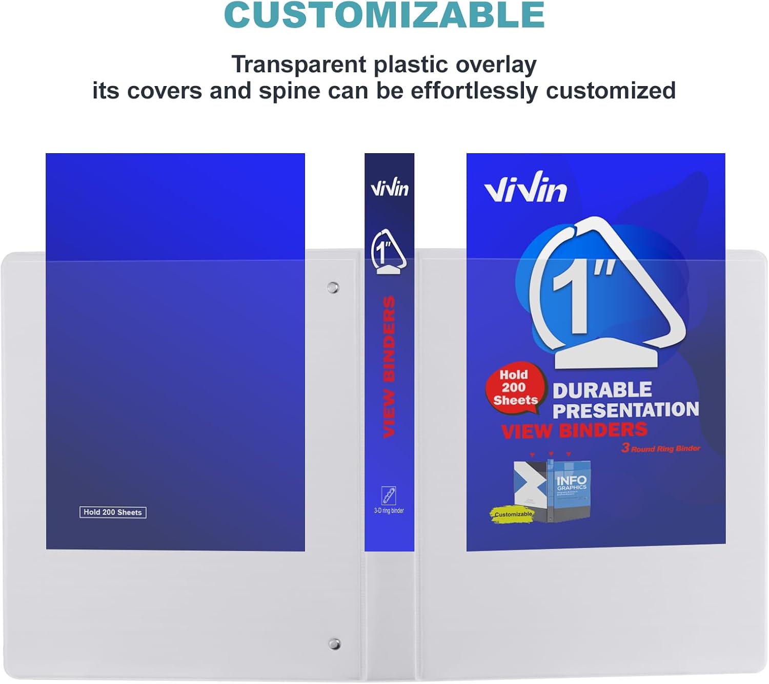 ViVin Carpetas duraderas con anillos en D, carpetas de 3 anillos de 1 pulgada, cubierta transparente personalizable, capacidad para 225 hojas de
