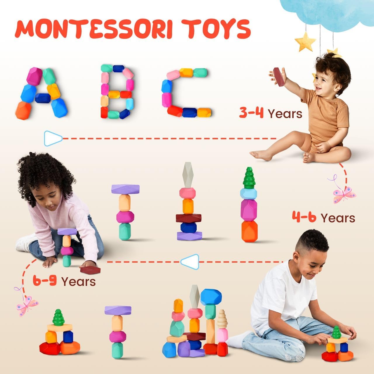 Qubomax 40 piezas de juguetes apilables de madera  Bloques de construcción Montessori para niños a partir de 3 años  Juego de aprendizaje preescolar