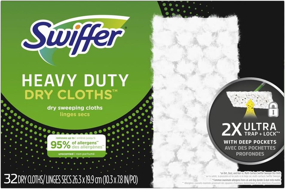 Swiffer Sweeper – Recambios de tela seca resistente para barrido y limpieza de pisos, sin perfume, 32 unidades