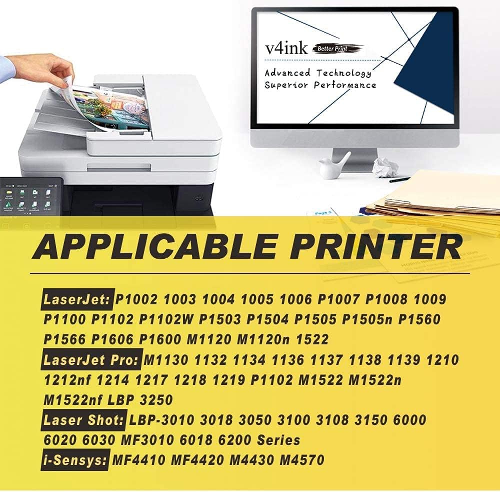 V4INK 1 paquete de repuesto para CB436A, cartucho de tóner Canon 125 negro para impresoras HP LaserJet P1102w, HP M1212nf., negro – paquete de 4