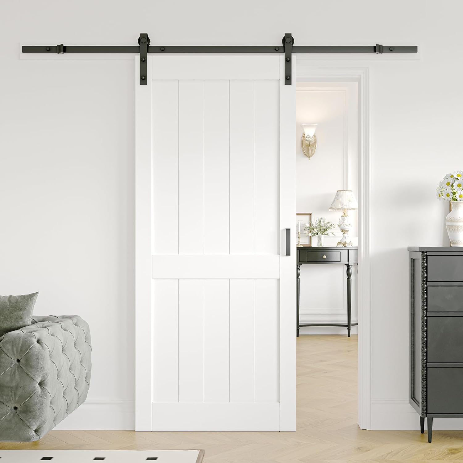 ARK DESIGN Puerta corredera de granero de 36 x 84 pulgadas con kit de herrajes para puerta corredera de 6.6 pies, agujeros preperforados de fácil