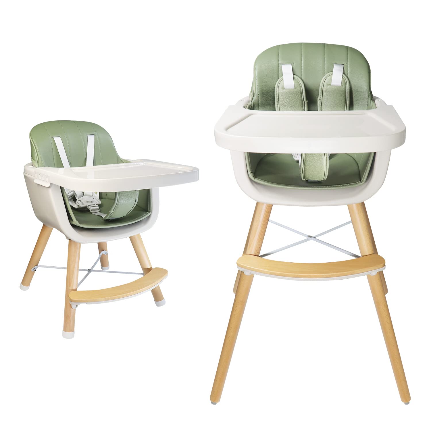 Foho Silla alta para bebé, perfecta silla alta convertible 3 en 1 de madera con cojín, bandeja extraíble y patas ajustables para bebé y niños