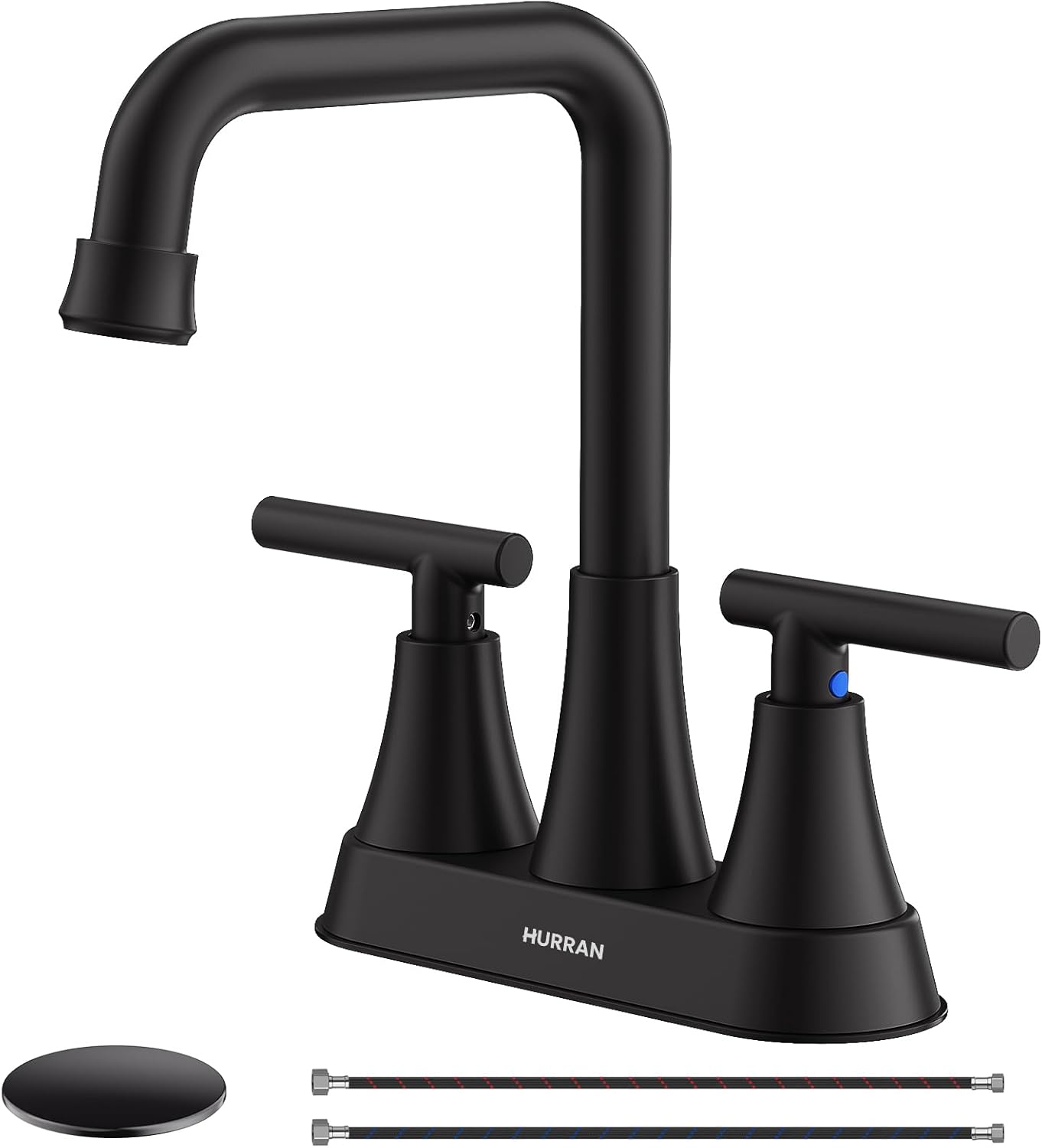 Grifo de lavabo de baño negro mate, 4 pulgadas, 3 agujeros con drenaje emergente y líneas de suministro, grifo central de acero inoxidable de 2
