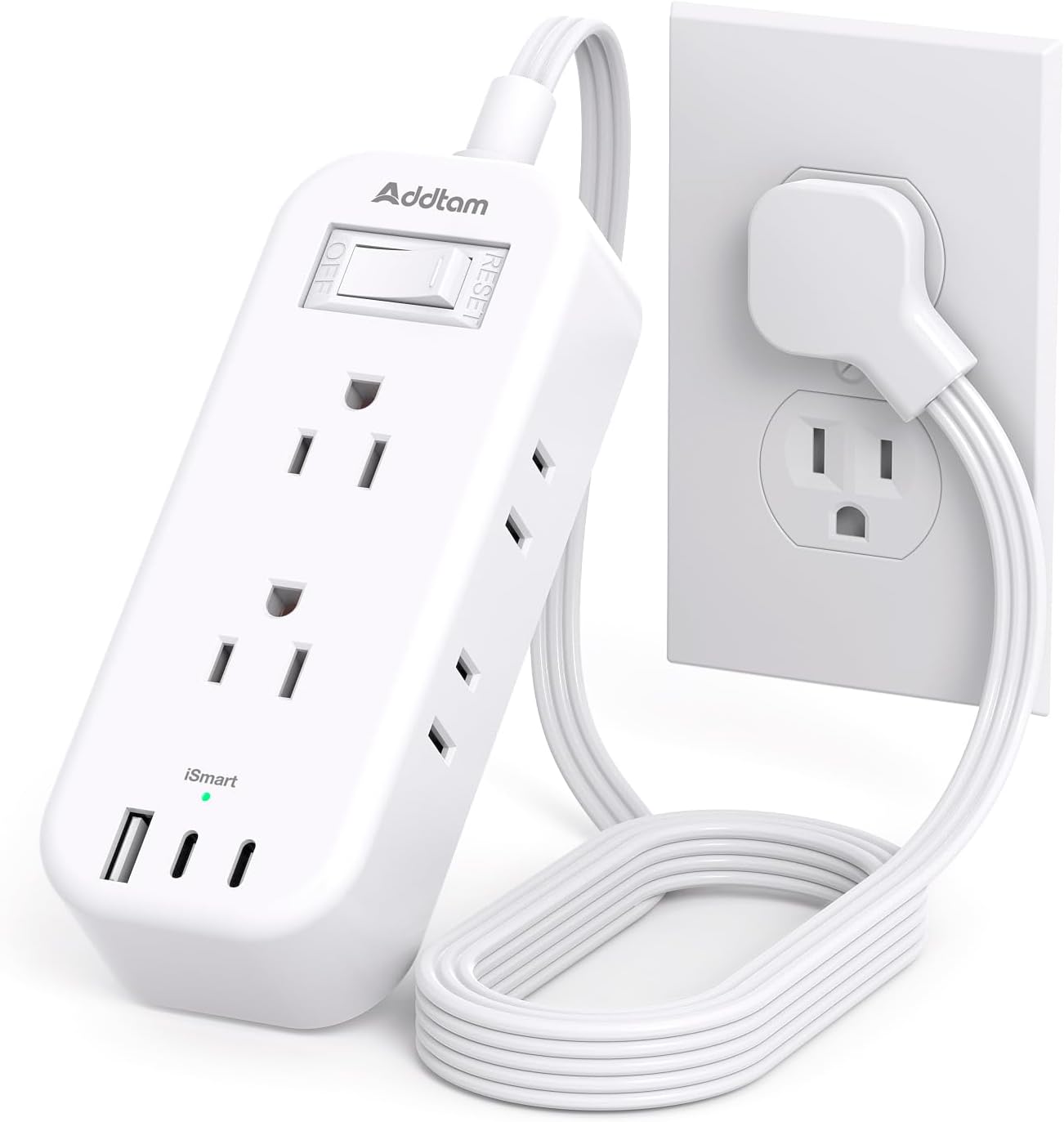 Regleta de alimentación de viaje con USB, cable de extensión de enchufe plano, 6 tomas, 3 puertos USB (2 USB-C), extensor de salida con cable de