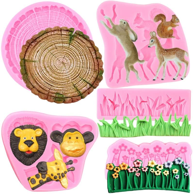 Bosque de la selva animales moldes de silicona Ardilla Ciervo Conejo Tocón Hierba Flor Chocolate Caramelo Fondant Molde Decoración de Pasteles