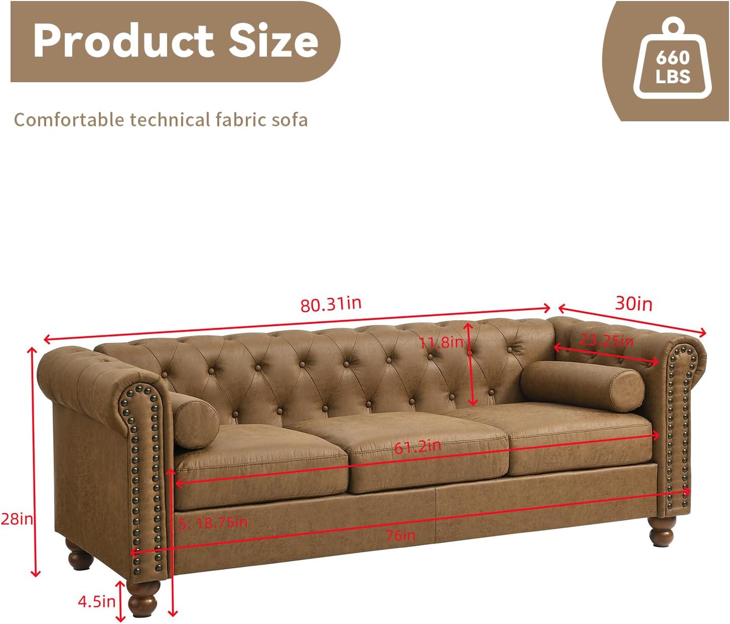 Chesterfield – Sofá clásico grande de tela moderna de 3 plazas con botones capitoné con brazos enrollados y cabeza de clavo para sala de estar,