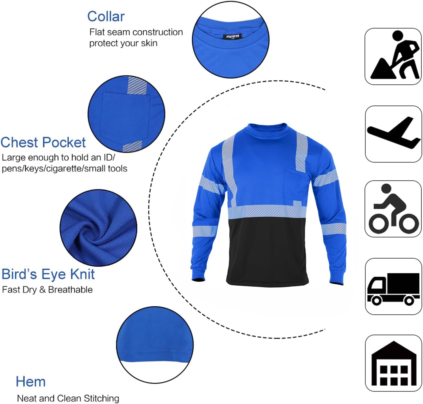 FONIRRA Camisetas reflectantes de seguridad de alta visibilidad para hombres con manga larga ANSI Clase 2 (azul, XL)