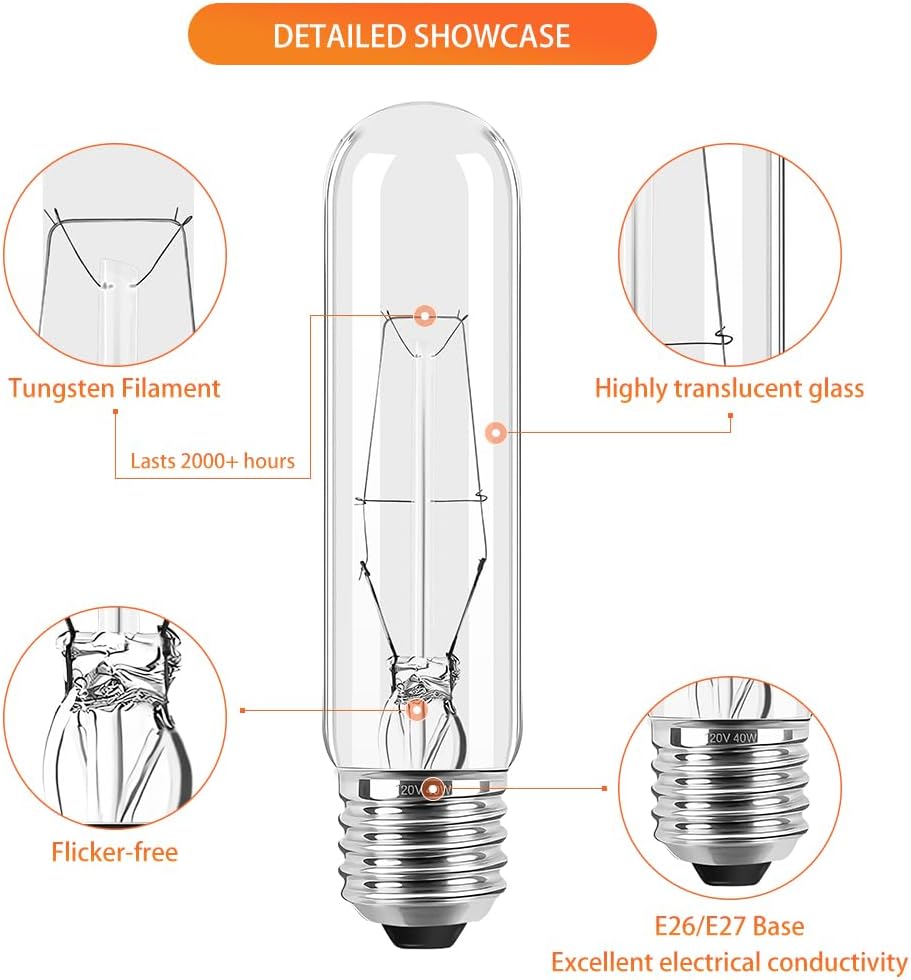 Bombilla incandescente tubular transparente T10 de 40 vatios, base media E26, 2700 K blanco suave, 280 lúmenes, lámpara de escaparate. (6)