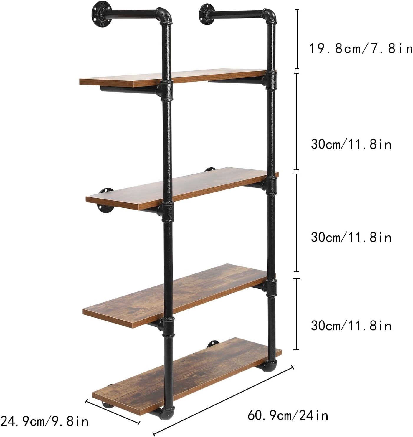 EurHomePlus Estantes flotantes de metal de 4 niveles para montar en la pared, estantería abierta, estantes de madera real Steampunk, estante de