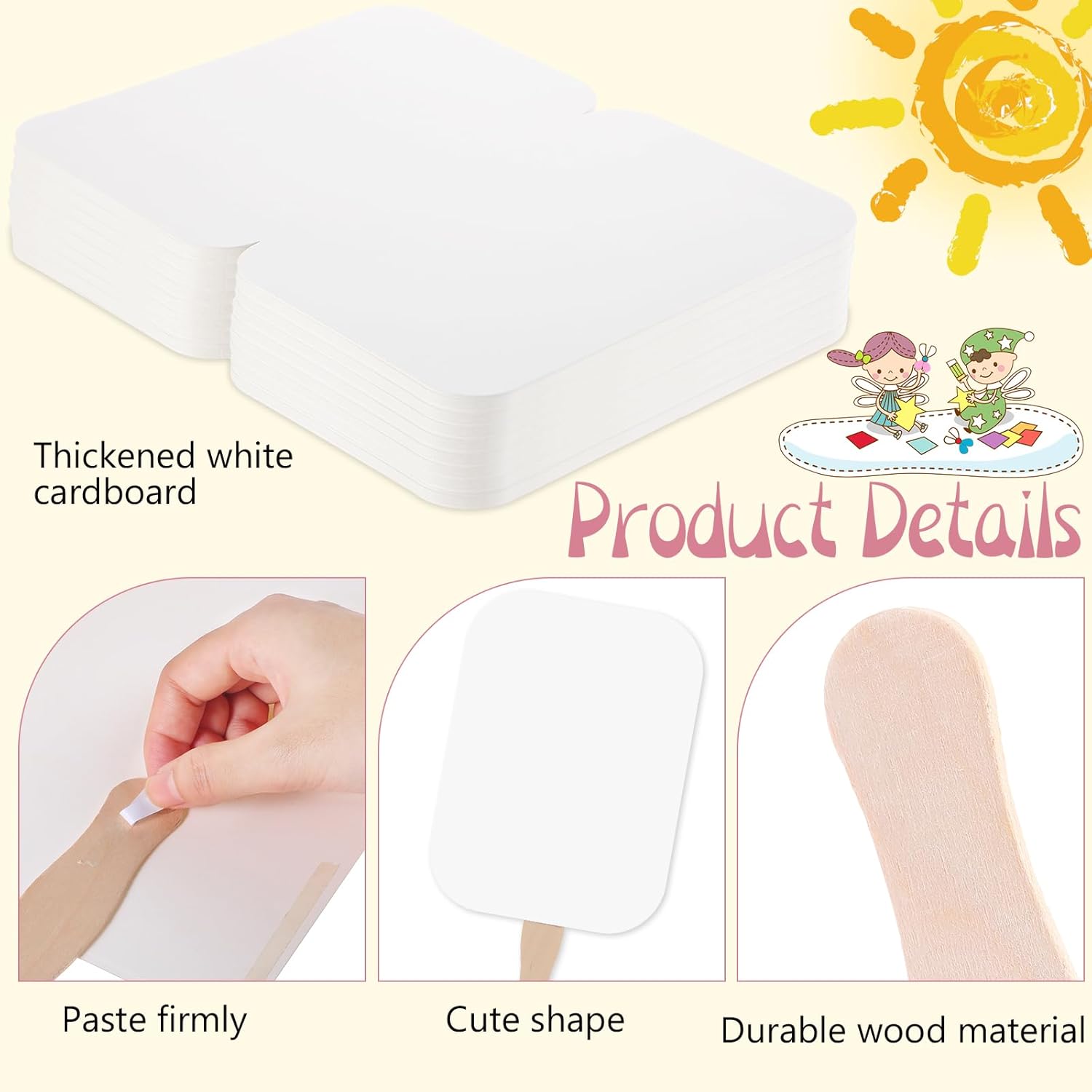 TaoBary Abanicos de papel para bricolaje, juego de abanicos de iglesia, mango de abanico, palos de madera ondulados con cinta de cartulina blanca en