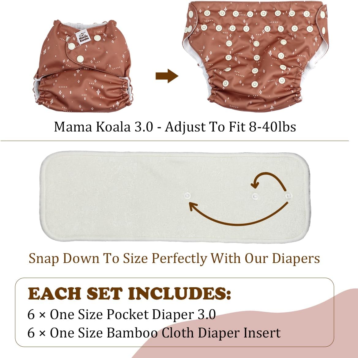 Mama Koala Pañales de tela 3.0 para bebés con forro AWJ, paquete de 6 con 12 insertos de pañales de tela de bambú de 5 capas (sin microfibra),