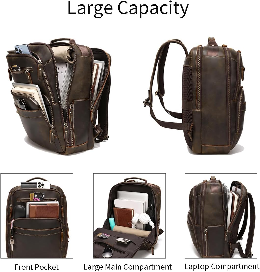 Mochila de cuero de grano completo de 16 pulgadas para computadora portátil para hombres, gran capacidad, negocios, senderismo, viajes, mochila