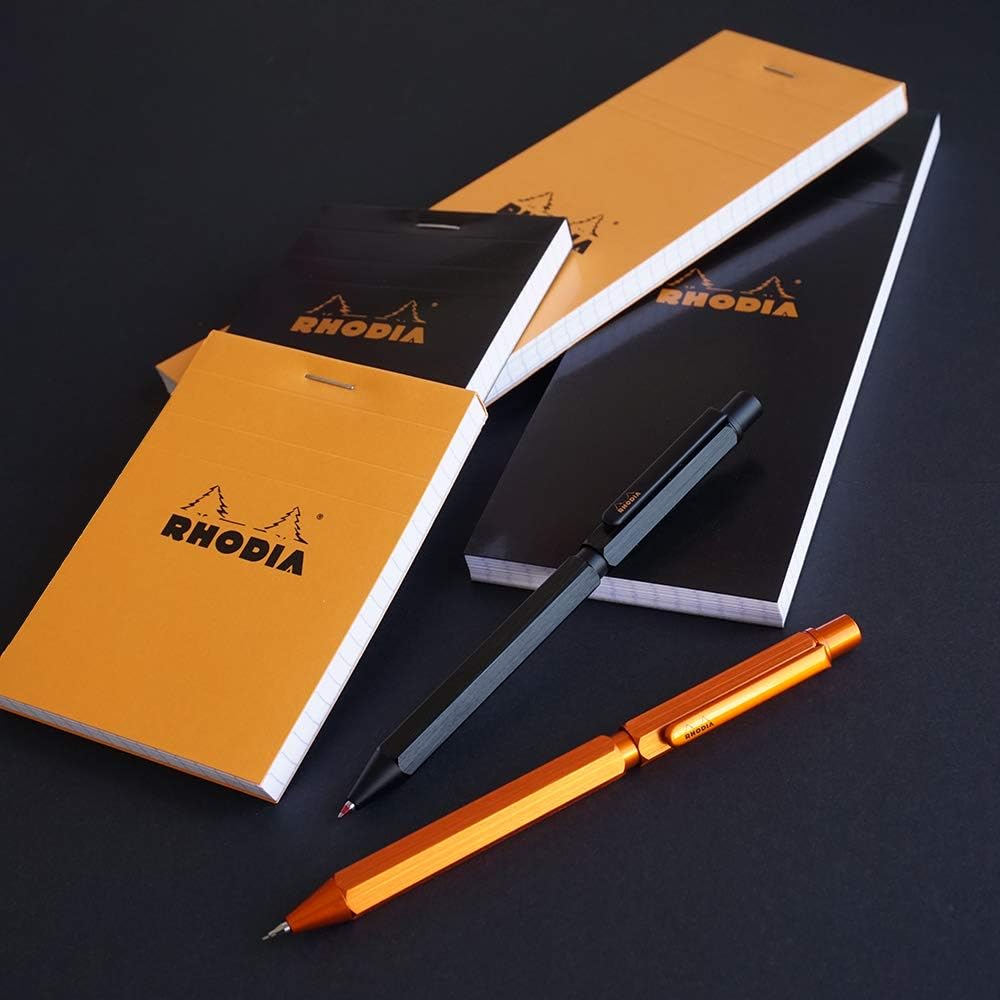 RHODIA 9340C – 3 en 1 scRipt Multipen 2 bolígrafos 0.020 in Negro y Rojo + 1 Portaminas Grafito 0.020 in – Cuerpo hexagonal en aluminio cepillado