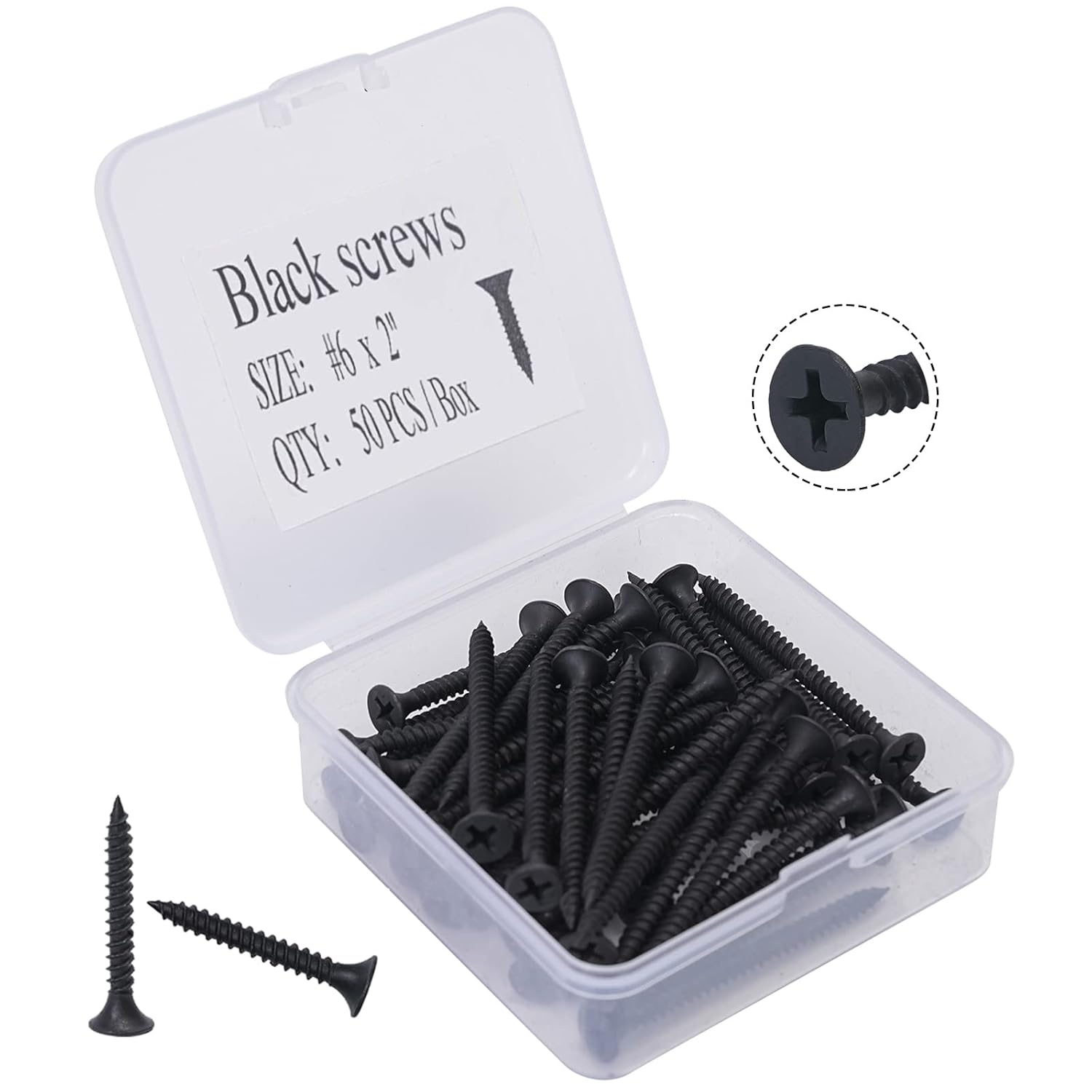 Tornillos para madera n. 6 x 2 pulgadas, 50 unidades, tornillos Phillips planos negros, tornillos de madera autorroscantes, acero al carbono,