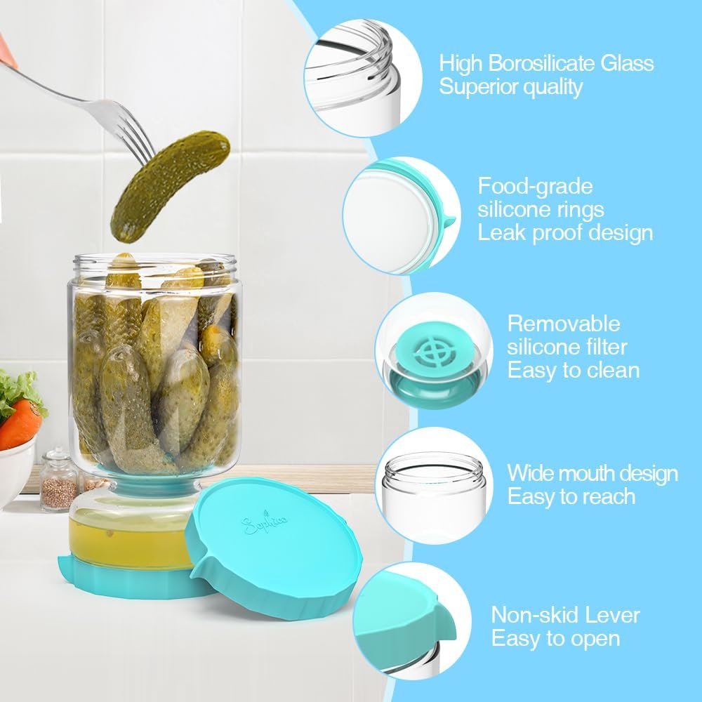 SOPHICO Contenedor de vidrio para pepinillos y aceitunas con colador, separador de jugo a prueba de fugas, almacenamiento de alimentos con reloj de