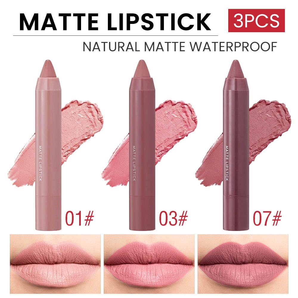 Juego de lápices labiales mate de 3 colores, lápices labiales de terciopelo suave y mate, resistente al agua y duradero, #01#03#07