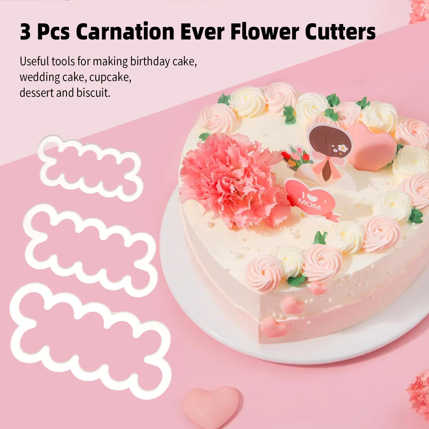 KALAIEN 3 piezas El clavel más fácil de todos los tiempos cortador de pastel de flores galletas Sugarcraft Fondant decoración émbolo cortador molde