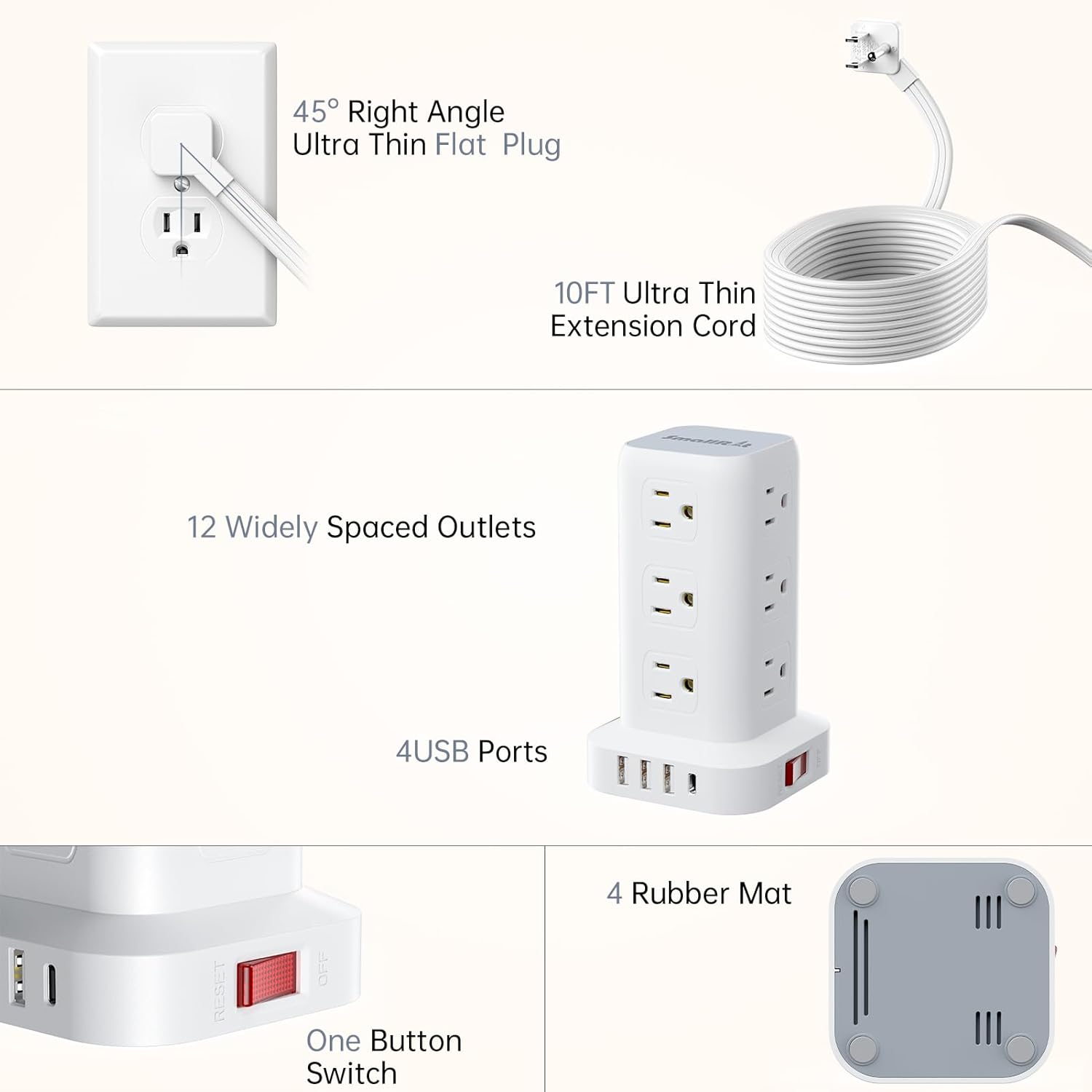 Regleta protectora contra sobretensiones, cable de extensión de enchufe plano ultrafino de 10 pies con 12 tomas de corriente alterna, 4 USB (1 USB